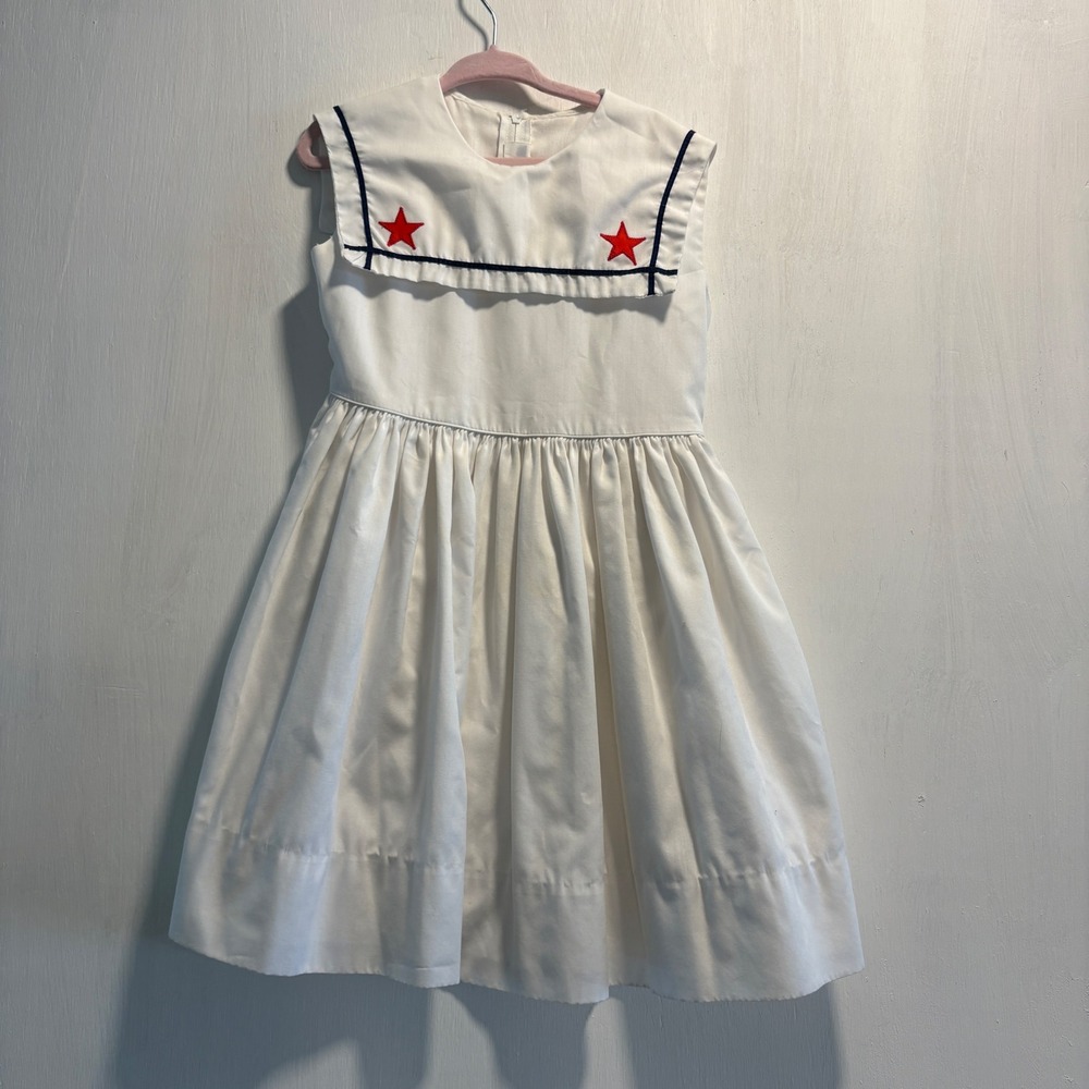 Jayne Copeland Vintage Sailor Dress White Navy Red Star Nautical Girls 473